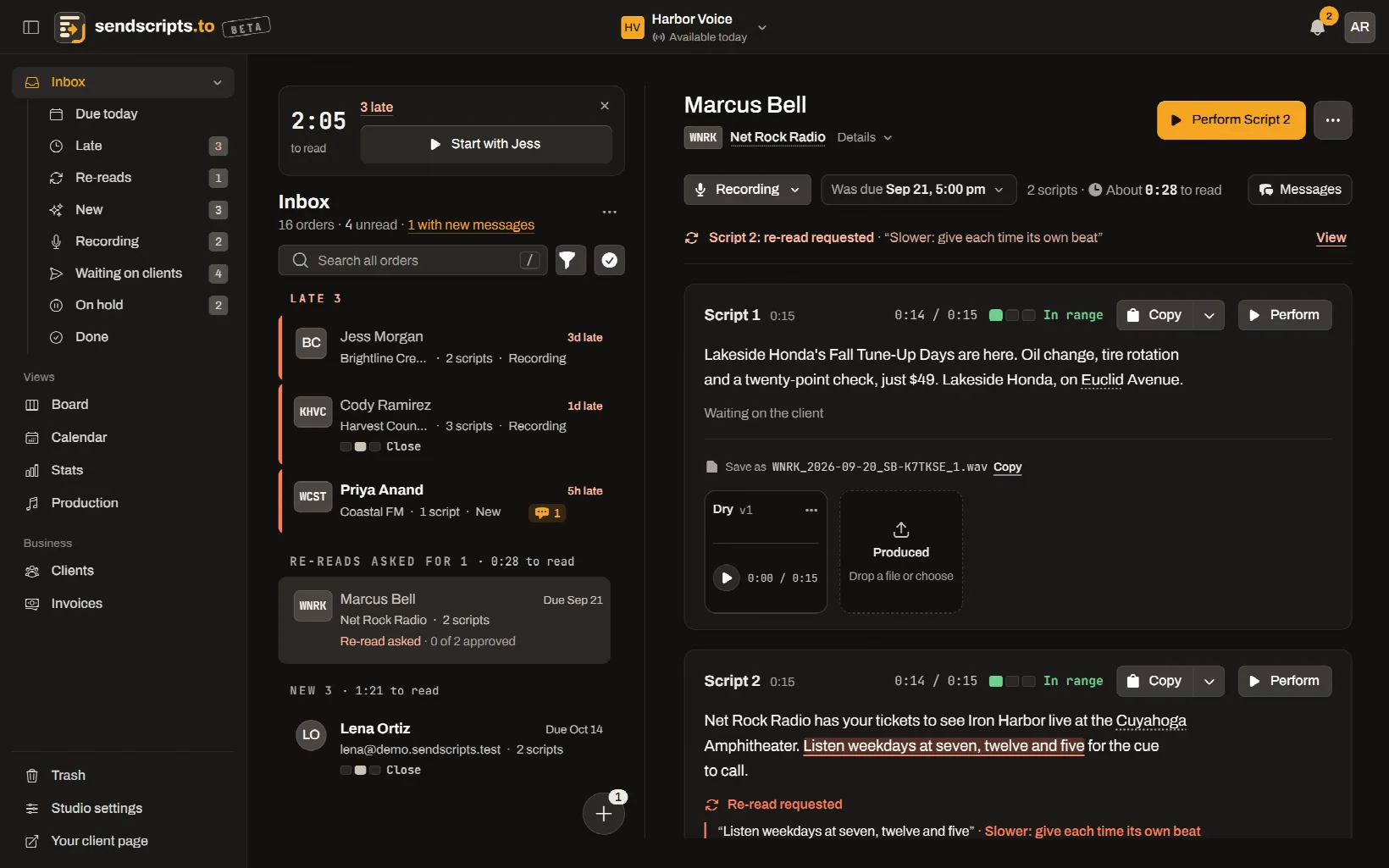 The inbox on a laptop: the sidebar with the inbox categories and their counts on the left, the session card and the orders grouped by Late, Re-reads and New in the middle, and Marcus Bell’s order open on the right with Perform Script 2 as its main button and a re-read note under it.