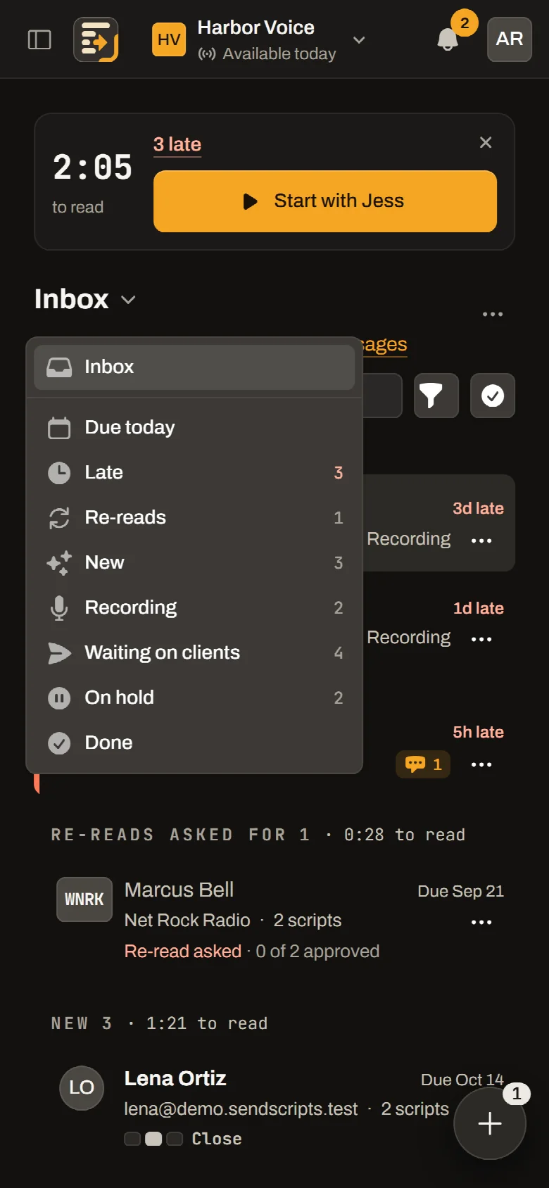 The inbox on a phone with the category picker open under the Inbox heading, listing Inbox, Due today, Late, Re-reads, New, Recording, Waiting on clients, On hold and Done with their counts.