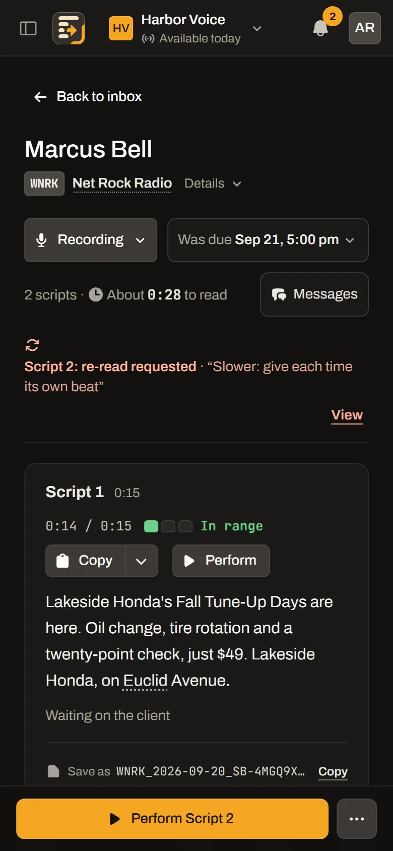 An open order on a phone, with Perform Script 2 and the ⋯ menu in a bar along the bottom of the screen.